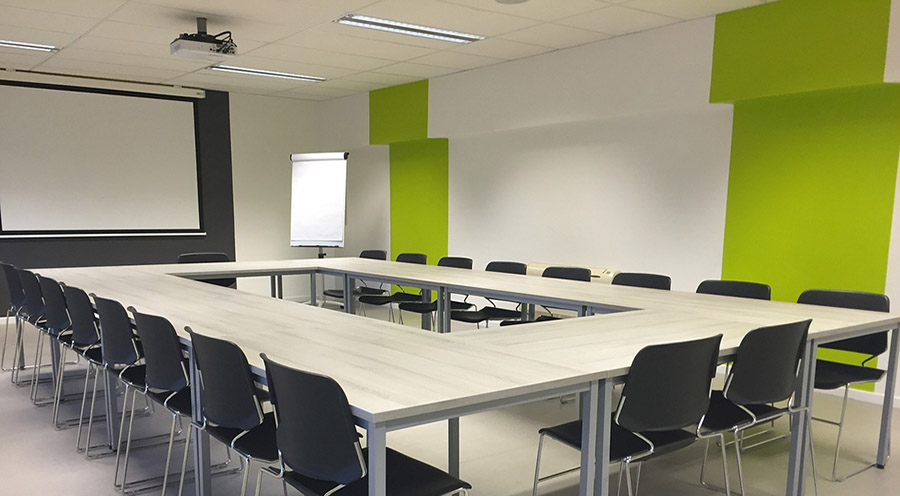 Modern conference room with accent walls